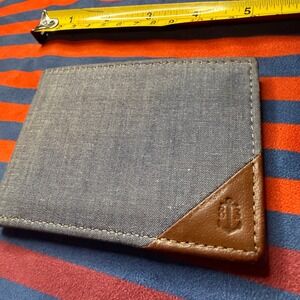 Nautica Mens Bifold Wallet Gray Canvas Brown Leather Trim Card Billfold